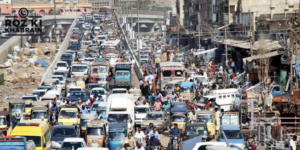 Karachi traffic jam, protest, visually impaired, shipping delays, traffic disruption.